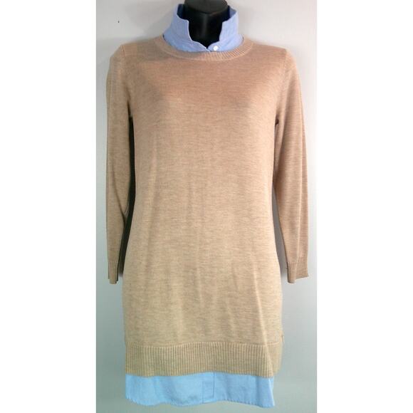 English Factory Shirt Dress Women's Small Collared Tan Blue - Picture 1 of 8